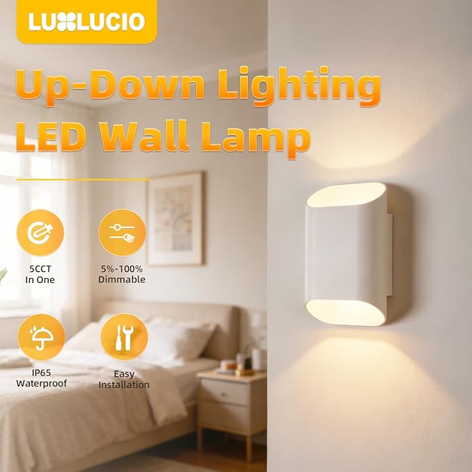1 Pack White Up & Down Wall Sconce Lamp 5%-100% Dimmable, Modern Indoor/Outdoor Porch Light, IP65 Waterproof, 120V, 1200LM, 12W, 2700K-5000K 5-Color Selectable, CRI90+, ETL FCC Certified