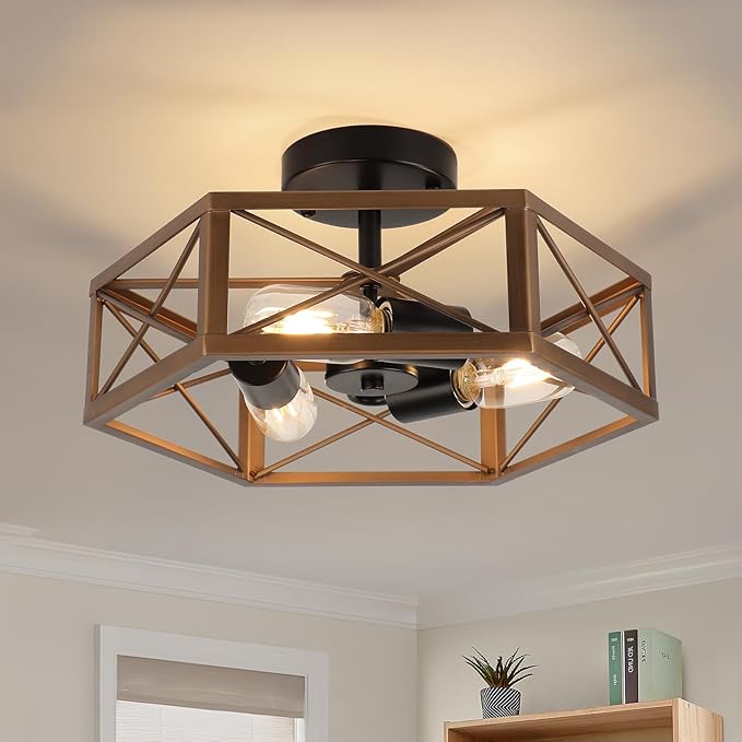 WILON Flush Mount Ceiling Light Fixture for Kitchen - 3 Light Industrial Close to Ceiling Lighting, Bronze Farmhouse Metal Cage Hexagon Lamp for Hallway Kitchen Dining Room Entryway Foyer