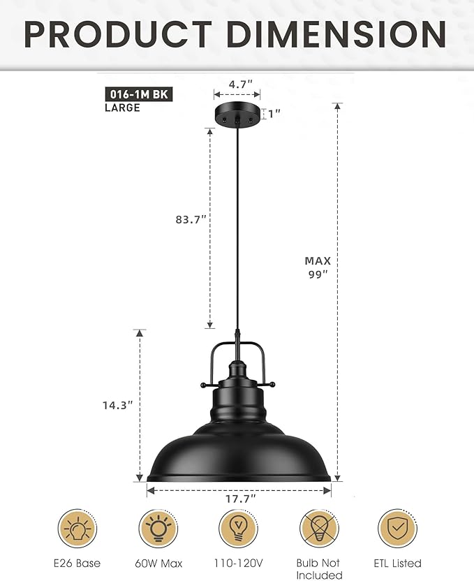 zeyu Black Pendant Lighting, 2 Pack Hanging Kitchen Lights, 1-Light Pendant Light with Metal Dome Shade, Matte Black Finish, 016-1M-2PK BK