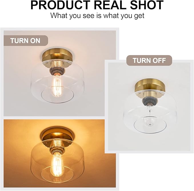 BISAMIYA Modern Gold Ceiling Light Fixture, Brass Finish Semi Flush Mount Ceiling Light with 8.66" Clear Glass Shade for Kitchen, Hallway, Entryway, Cafe