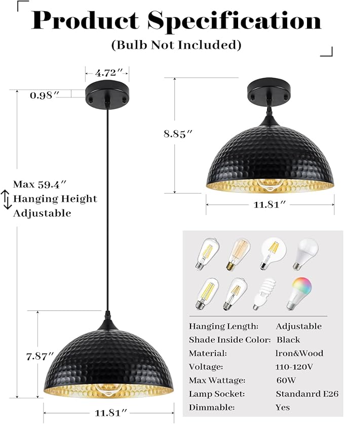 Black Pendant Lights Kitchen Island 3 Pack, 12 Inch Hammered Dome Pendant Light, Farmhouse Kitchen Pendant Lights, Industrial Hammered Pendant Light for Kitchen, Dining Room, Barn