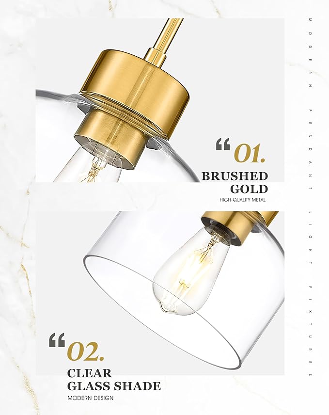 2-Pack Pendant Lights Kitchen Island, 8" Brushed Gold Hanging Light Fixtures with Clear Glass Shade, Modern Brass Kitchen Pendant Lighting Over Island for Dining Room, AD-24024-1P2L-GD