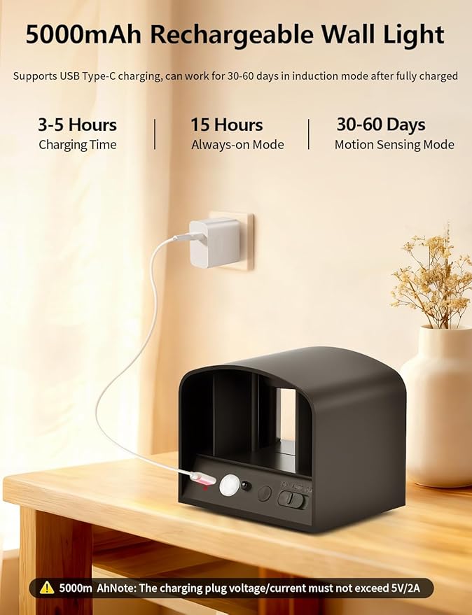 Motion Sensor Wall Light with Remote Control, 5000mAh Rechargeable Battery Powered Wall Lamps, Dimmable 2700-6500K, Adjustable Beam Angle, Black Up and Down Wireless Wall Sconce for Bedroom, 2-Pack