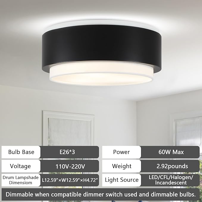 Luupyia 12.59 Inches Drum Ceiling Light with Black Metal and White Fabric Shade, 3Light Simple Modern Drum Semi Flush Mount Ceiling Light with Double Shade, Overhead Light for Bedroom Hallway E26, 60W