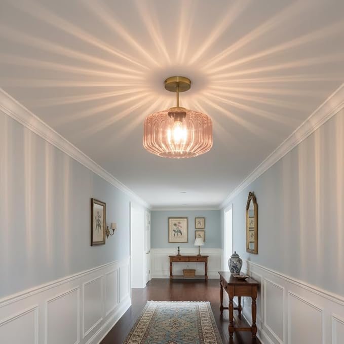 Modern Semi-Flush Mount Light Fixture Blush Pink Ceiling Lamp with Brushed Gold Base, Bedroom Light Fixture for Girls Bedroom, Nursery, Master Suite Hallway