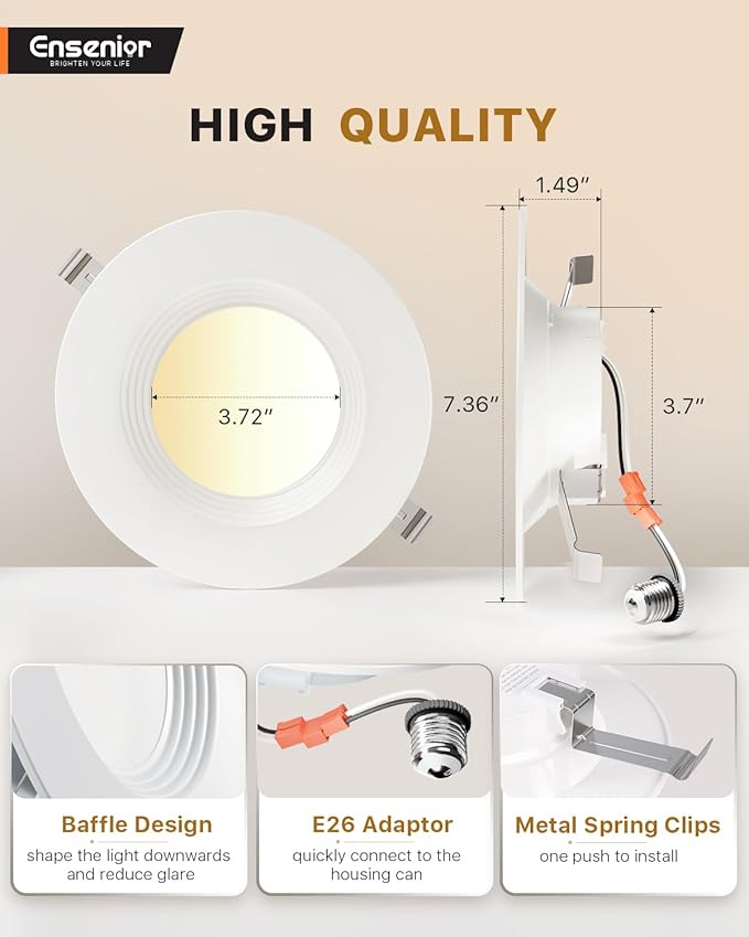 Ensenior 5/6 Inch 5CCT LED Can Lights 4 Pack, Retrofit Led Recessed Lighting, Baffle Trim, Dimmable, 9W=110W, 1000LM, 2700K/3000K/3500K/4000K/5000K Selectable, IC Rated - ETL & FCC