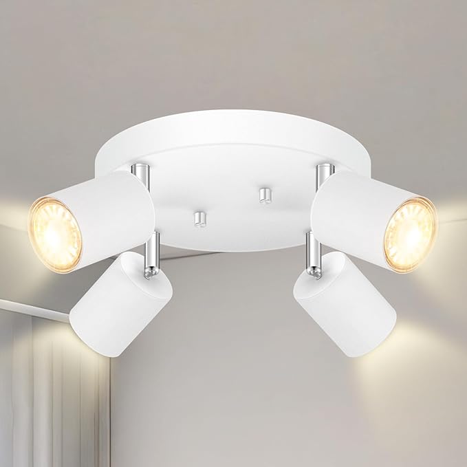 4 Light Track Lighting Fixtures Ceiling, Matte White Round Directional Ceiling Spotlight, GU10 Flush Mount Track Fixture, Adjustable Modern LED Track Lights for Kitchen/Living Room, Bulb Not Included
