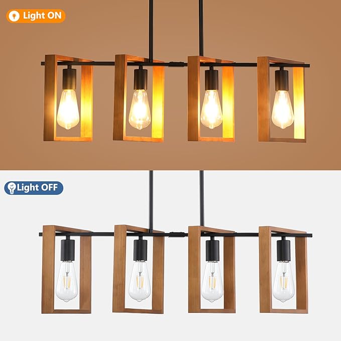 9MMML 4 Lights Island Light for Kitchen,Farmhouse Industrial Rectangle Pendant Light, Black Body+Wood Frame Vintage Chandelier for Dining&Living Room Pool Table Hallway Entryway Foyer,E26