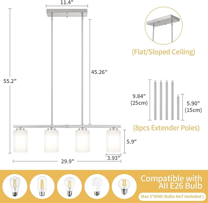 Brushed Nickel Island Lights for Kitchen, 4-Light Dining Room Light Fixtures Modern Linear Chandeliers Over Table White Frosted Glass Adjustable Hanging Lights Kitchen Pendant Lighting Over Island