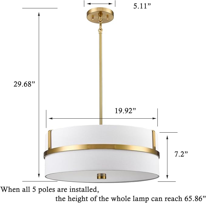 HYDELITE Gold Pendant Light Fixtures Drum Modern Pendant Light 4 Light with Linen Shade for Dinning Room Living Room Bedroom Kitchen Island