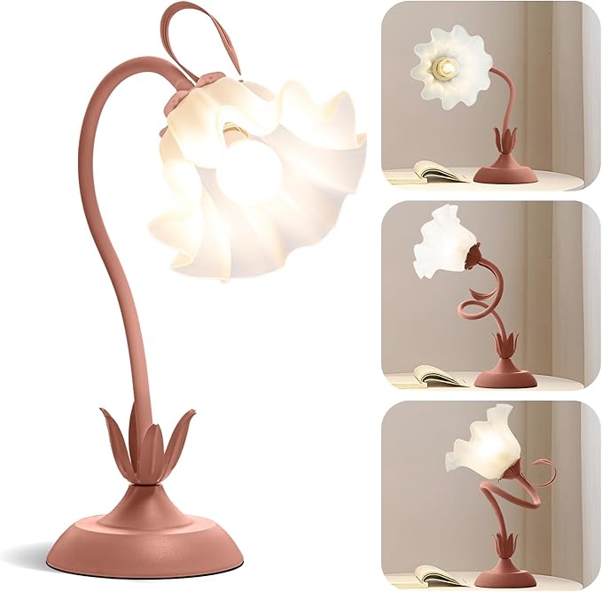 WERFOP Flower Table Lamp, LED Reading Light Vintage Bedside Table Lamp with 3 Color Modes for Nightstand, Kawaii Decoration for Home Bedroom Living Room (Pink)