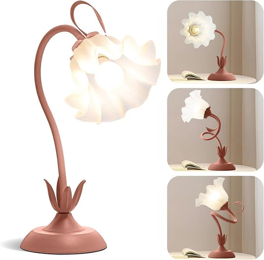 WERFOP Flower Table Lamp, LED Reading Light Vintage Bedside Table Lamp with 3 Color Modes for Nightstand, Kawaii Decoration for Home Bedroom Living Room (Pink)