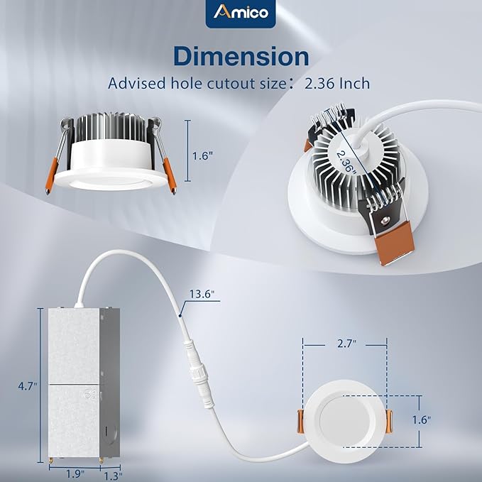 Amico 12 Pack 2 Inch 5CCT Ultra-Thin LED Canless Recessed Ceiling Light with Junction Box, 2700K/3000K/3500K/4000K/5000K Selectable, CRI90+, 6W=40W, 350LM, Dimmable Canless Wafer Downlight-ETL&FCC