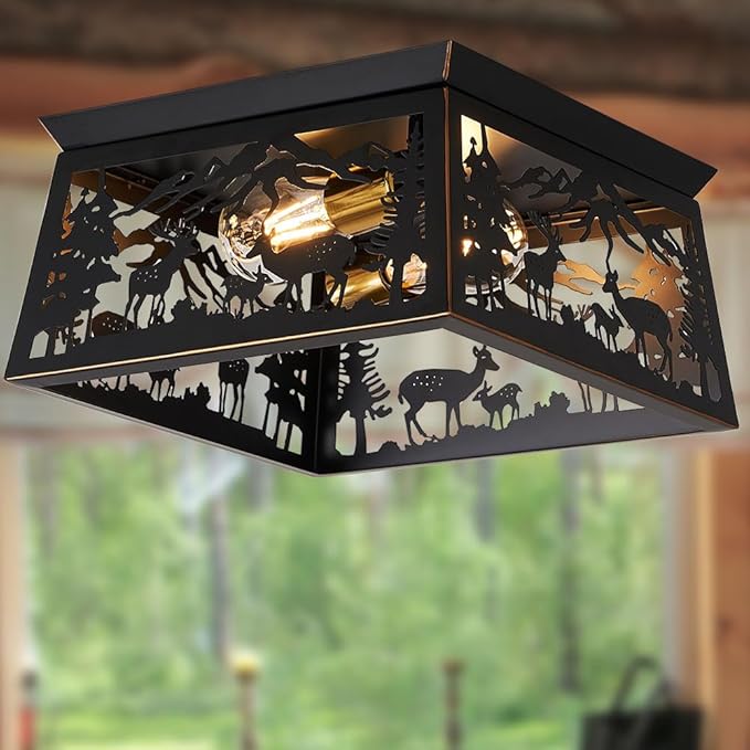 Black Semi Flush Mount Ceiling Light Fixture, Rustic Cabin Deer Ceiling Light Fixture, Metal Country Farmhouse Ceiling Lamp for Hallway Porch Bedroom Foyer Entryway, E26 Bulbs.12.5 Inches