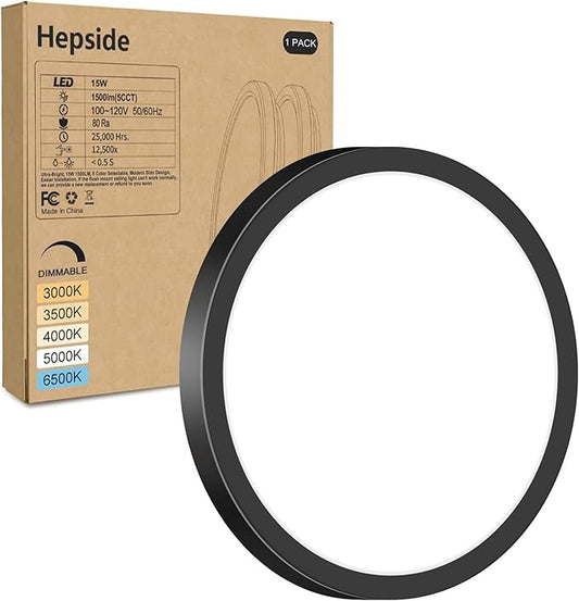 hepside LED Flush Mount Ceiling Light Fixture, 7Inch 15W, Dimmable&3000K/3500K/4000K/5000K/6500K Adjustable Low Profile Ceiling Lights, 1500LM Round Lamp for Bathroom, Closet, Kitchen, Hallway, Black