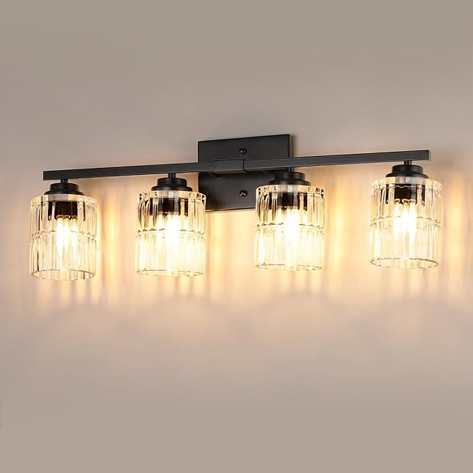 TALOYA 27 Inch Brushed Black Bathroom Light Fixtures with Thickend Clear Tapered Glass Shade, 4-Light Modern Vanity Light Over Mirror for Bathrooms, Bedrooms (Bulbs Not Included)