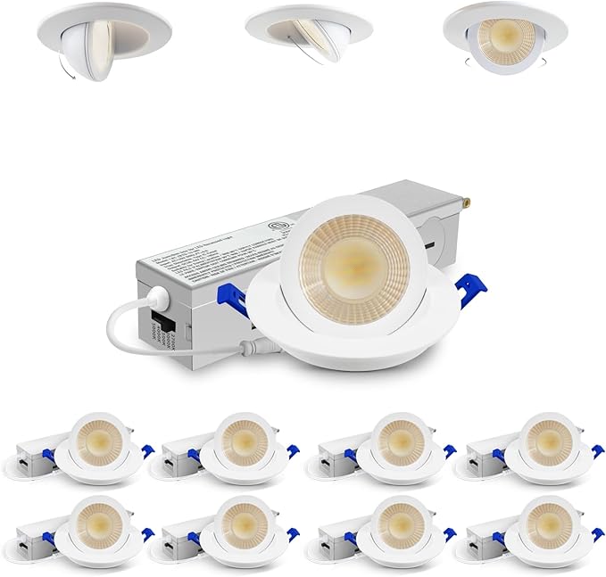 Adetu 2 Inch 5CCT Gimbal Led Recessed Lighting with Junction Box, 360°+90° Adjustable Eyeball Canless Downlight, 2700K/3000K/3500K/4000K/5000K Selectable, 5W Eqv 50W, 550LM Brightness-ETL(White,8Pack)
