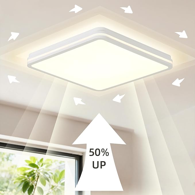 18 Inch LED Flush Mount Ceiling Light, White Ceiling Light Fixture with Side Light, 50W,4500LM, 2700K/4000K/6000K CCT Selectable, Square Lamp for Bathroom, Closet, Kitchen, Hallway, Bathroom