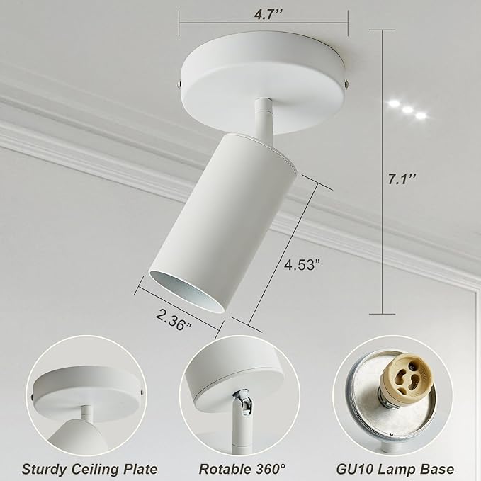 Track Lighting Ceiling Spotlight, White Ceiling Light Fixture, Gu10 Ceiling Spotlights Indoor Angle Adjustment Modern Wall Lamp for Living Room, Gallery, Cabinet, Hallway, Bedroom 2 Packs