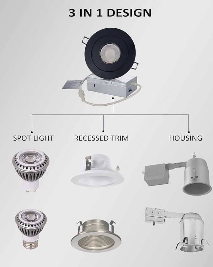 POPANU Gimbal LED Recessed Light - 4 Inch Black 9W 360° Rotation Directional Adjustable Eyeball Sloped Ceiling Recessed Lighting 4 inch Light Wafer Soffit Indoor Spotlight Canless Black 4 inch 6 Pack