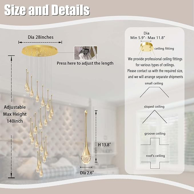 ykolupty 138'' High Ceiling Chandelier for Entryway Gold Raindrop Crystal Chandeliers for Living Room Foyer Staircase Flush Mount Sloping Ceiling Pendant Light Fixture LED Dimming 2700k-6000k