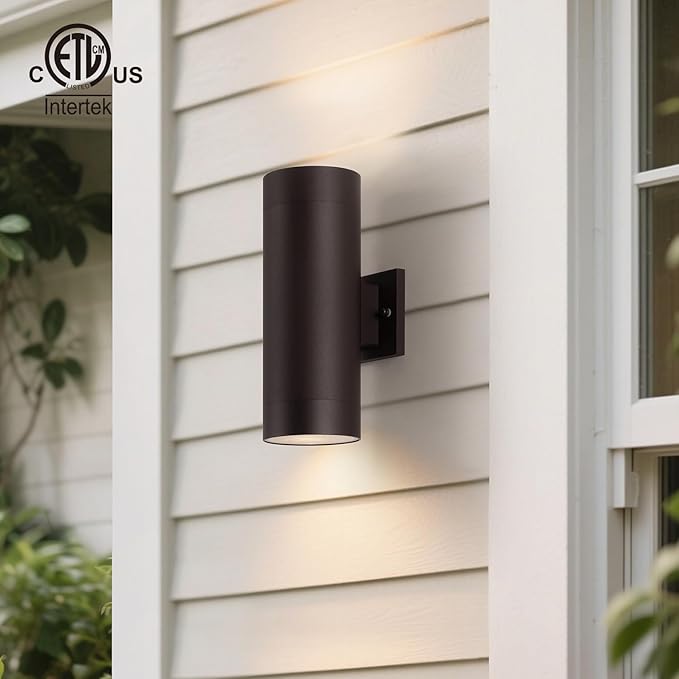 mirrea Modern Outdoor Porch Light Patio Light in 2 Lights with Aluminum Cylinder and Tempered Glass Cover Waterproof Wall Sconce 2 Pack (Oil Rubbed Bronze)