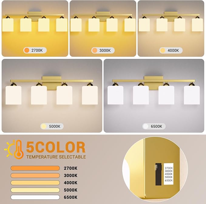 Quntis Gold Bathroom Light Fixtures 5 Colors Adjustable, 4-Light LED Bathroom Vanity Lighting with Milky White Frosted Glass Shade, Energy-Saving Light Over Mirror 28.3 inch