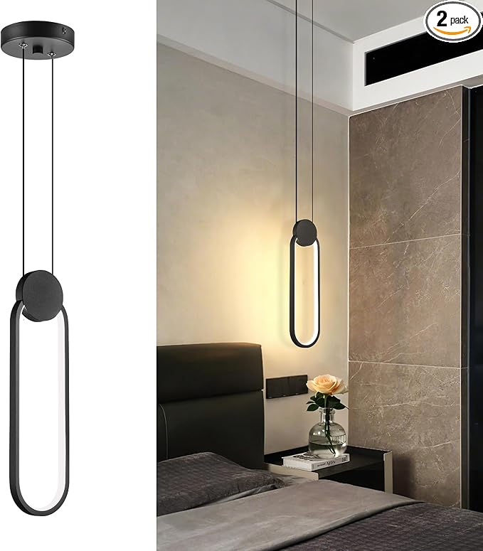 Modern Pendant Lights 2 Pack, Black LED Pendant Light 3000K Dimmable, Adjustable Height Oval Pendant Light Fixtures for Kitchen Island Bedroom Bathroom