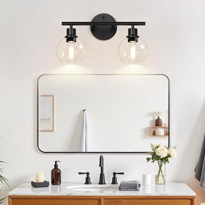 Indoi 2-Light Bathroom Vanity Light, Matte Black Bathroom Light Fixture Over Mirror with Clear Glass Globe Shades, Modern Farmhouse Wall Sconce for Bathroom, Kitchen, Bedroom, Hallway