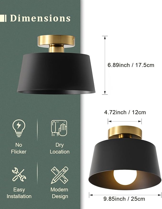 Modern Semi Flush Mount Ceiling Light with Gold Plate and Matte Black Shade, Farmhouse Ceiling Light Fixture for Kitchen Island Dining Room Foyer Hallway Porch Barn Loft，10in (Black)