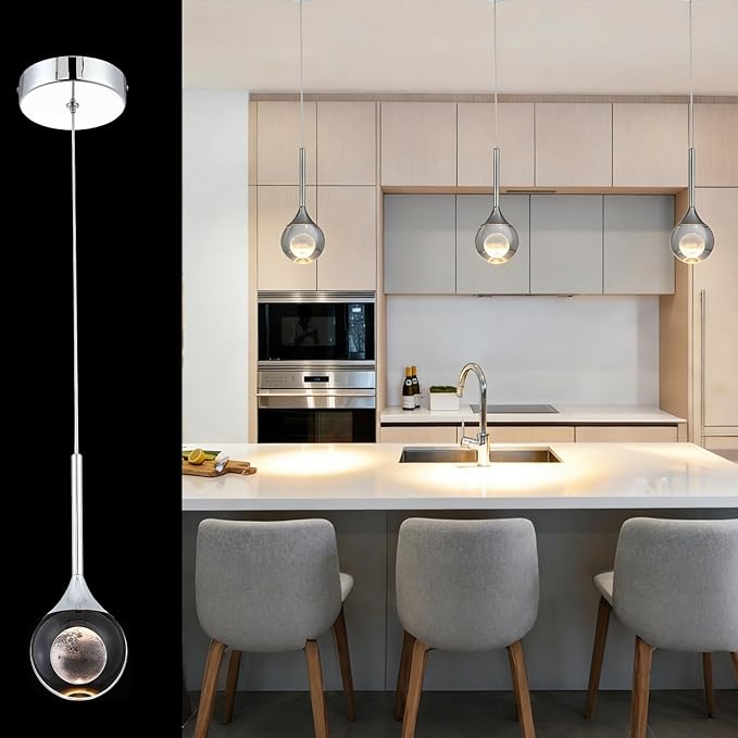 Modern Crystal Pendant Light Chrome Globe Ceiling Hanging Light Fixture Moon Teardrop Kitchen Island Light Dimmable LED Mini Chandelier for Dining Room Bedroom Living Room 1-Light, 3000K