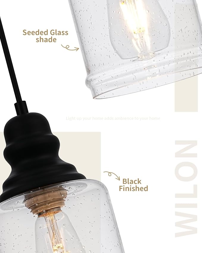 WILON Modern Glass Pendant Lights for Kitchen Island, 6.29" Mini Pandent Light Fixture with Seeded Glass Shade Black Farmhouse Pendant Lights E26 Base Hanging Kitchen Lights for Sink Dinging Room