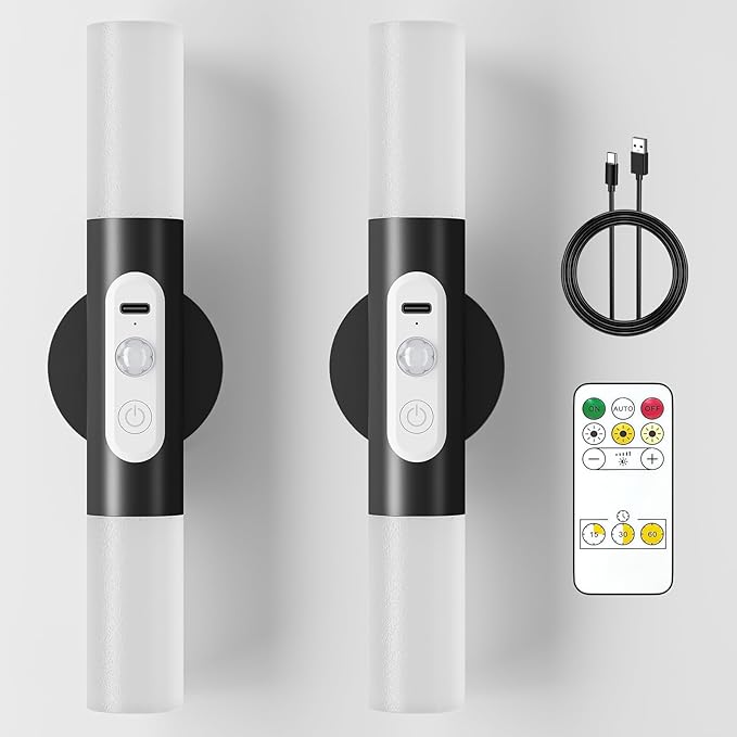 Hensam Motion Sensor Wall Lights with Remote Control, LED Rechargeable Battery Operated Wall Sconces Set of Two for Bedroom, Wireless Night Light for Indoor Stairway, Hallway, Black