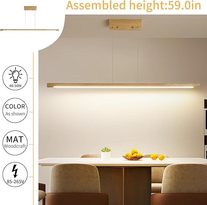 Modern Wooden Pendant Light, 39IN White Ash Wood Chandelier with Remote Control 3000k-6500K Adjustable Color Temperature，Aluminum Island Lighting Lamp for Dining Room, Living Room B