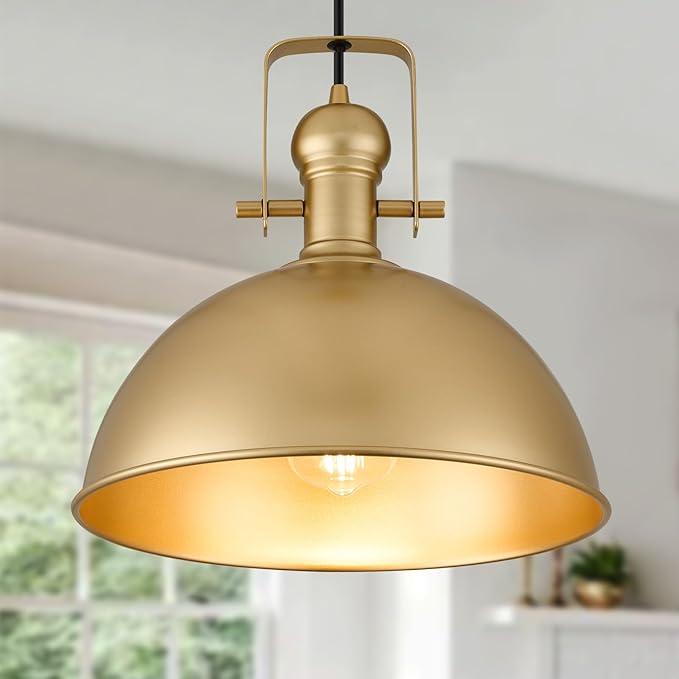 12 Inch Gold Farmhouse Pendant Lights Matte Pendant Lights for Kitchen Island Industrial Adjustable Height Vintage Dome Hanging Light Fixtures for Barn, Dining Room 2 Packs