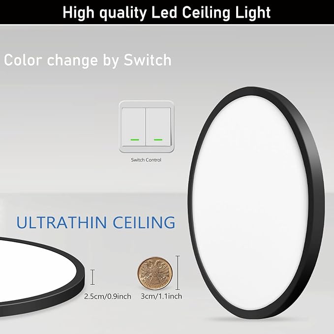 6Pack 12 Inch 3200LM Flush Mount LED Ceiling Lights,Black 28W Slim Ceiling Light Fixture Round Day White 6000K Thin Round Flat Ceiling Light 120V Surface LED Ceiling Light 300W Equivalent