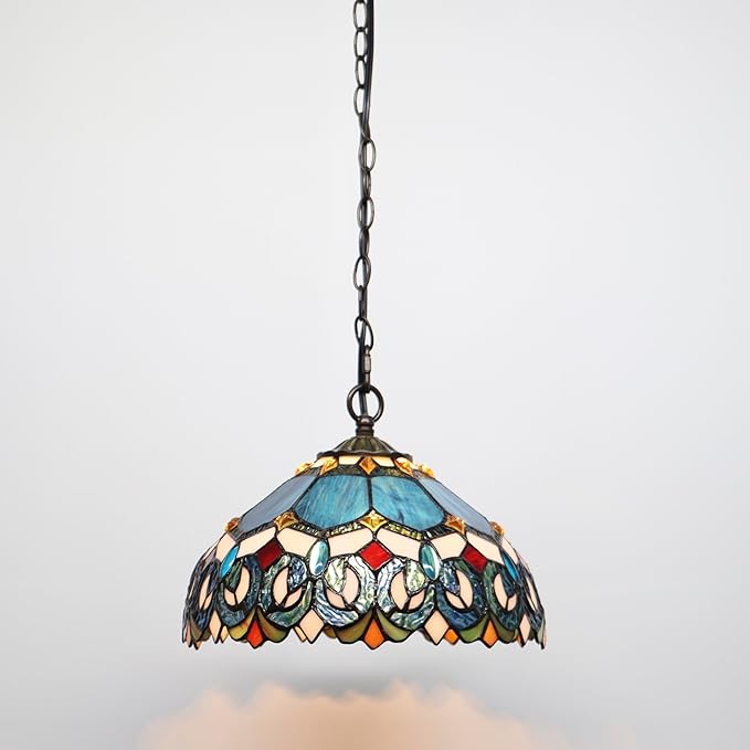 Tiffany Pendant Light Plug in Stained Glass Hanging lamp 12X12X181 Inch Hanging Lamp Living Room Bedroom Kitchen Dining Room Office（Blue Baroque Style