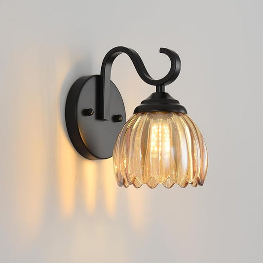 lobolighting Vintage Wall Sconce with Amber Tulip Glass Lampshade Black Sconce Bathroom Vanity Light Fixtures Hardwired Modern Wall Lighting Fixture for Bedroom Bedside Door Header