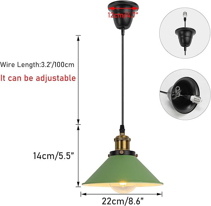 2 Pcs Ceiling Lights Conversion Pendant E26 Base Connections Adjusted Wire Length Cone Metal Green Lampshade Industrial Style Conversion Kit for E26 Ceiling Lamp Fixtures