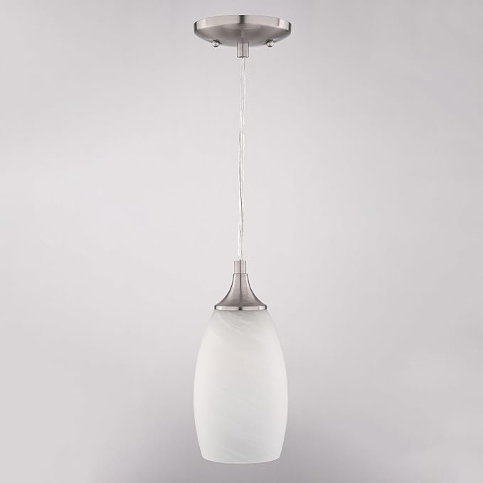VAXCEL Milano 1-Light 4.75 in. Wide Satin Nickel Bell Mini Pendant with White Alabaster Glass Shade, Adjustable Height Hanging Ceiling Fixture for Dining Room, Kitchen Table, Entryway, Bar, Island