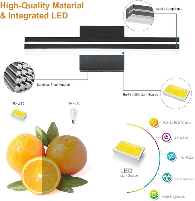 SineRise 16-Inch LED Modern Bathroom Vanity Light Bar, Matte Black Modern Acrylic Bathroom Wall Lighting Fixtures Over Mirror (Cool White 6000K)