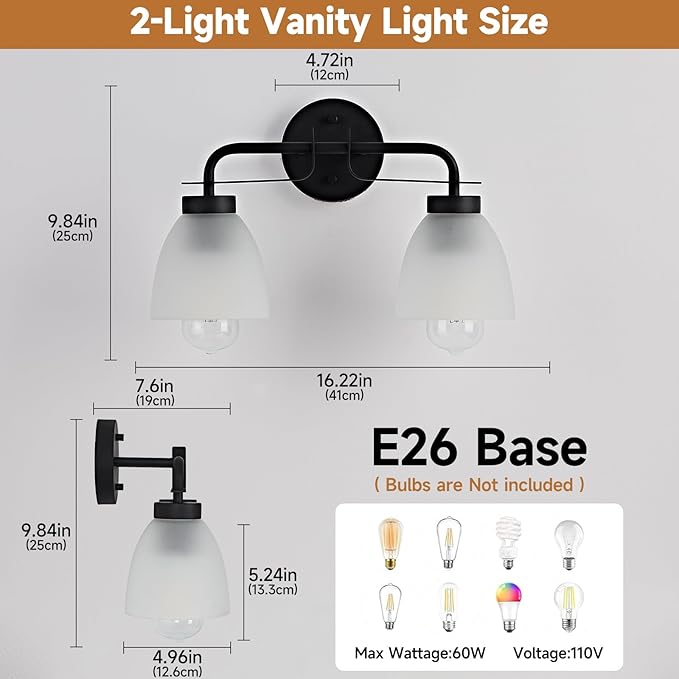 16 Inch Mid-Century Modern Vanity Lights, 2-Light Black Bathroom Light Fixture with Frosted White Bell Shades, Industrial Wall Sconce for Mirror Over Vanity, Bedroom, Hallway (2 Pack)