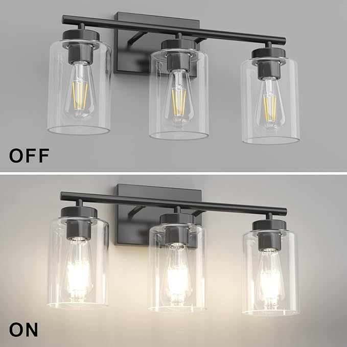 Aipsun 3 Light Black Bathroom Vanity Light, Modern Light Fixture with Clear Glass Shade, Industrial Wall Light for Kitchen Bedroom Living Room (Exclude Bulb)