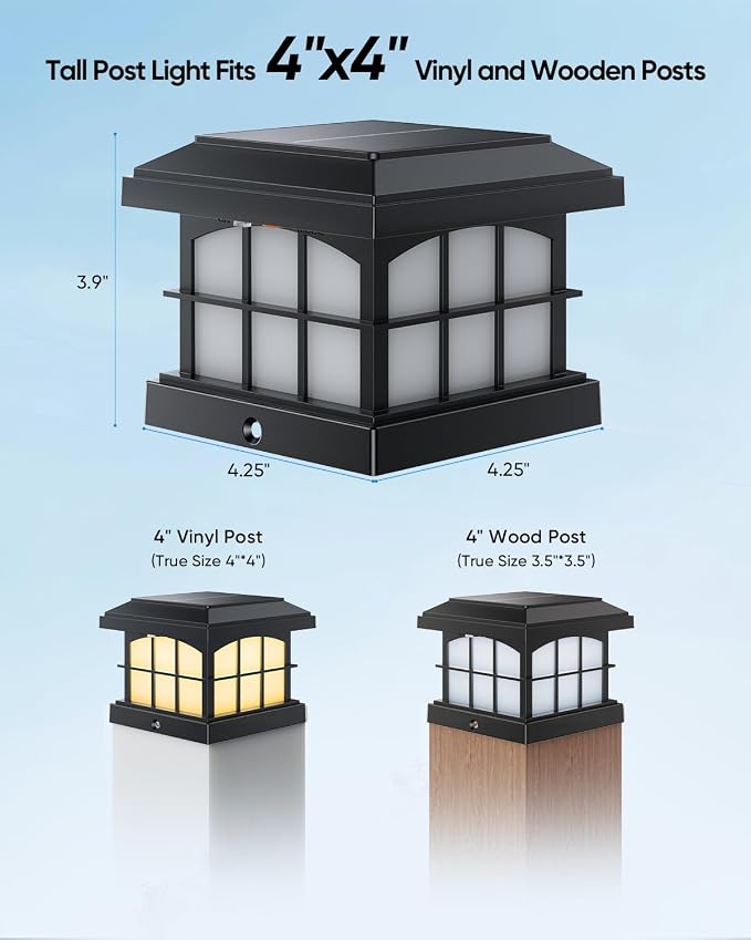 PARTPHONER RGBCW Solar Post Cap Lights 8-Pack, 9 Colors 3 Modes Fence Caps, Bright Solar Outdoor Waterproof LED Deck Lighting for Fence Garden Deck Patio Porch Decor 4x4 Vinyl/Wood, Black