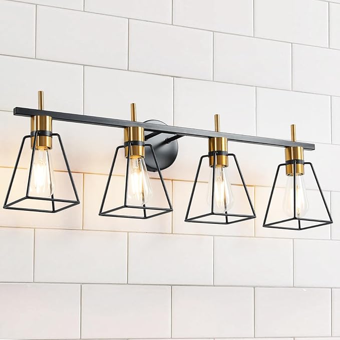 Industrial Bathroom Vanity Lights: 4 Light Black and Gold Vintage Metal Cage Wall Sconce - Rustic Farmhouse Wall Light Fixture Over Mirror Cabinet for Bedroom Living Room