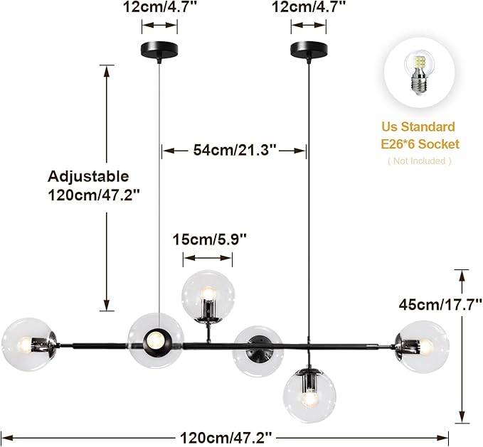 BOKT 6-Light Clear Glass Globe Pendant Light Mid Century Modern Rectangular Sputnik Chandelier Vintage Black Linear Kitchen Island Dining Pendant Lighting Fixture