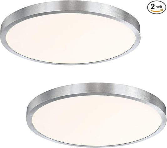 14 Inch Flush Mount Ceiling Light Fixture, Metal and Glass LED Ceiling Light Flush Mount, Slim Dimmable Flush Mount Light for Kitchen, Bedroom, Laundry, Low Ceiling, Brushed Nickel, 26W, 3000K, 2 Pack