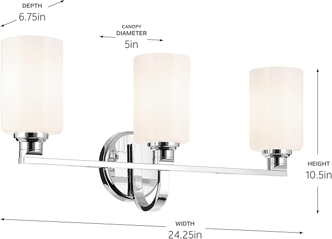 Kichler Gioe 24.25" 3-Light Bathroom Vanity Light Fixture with Opal Glass in Chrome, Damp Rated Modern Wall Mount for Mirror, Powder Room (24.25" W x 10.5" H), 55226CH