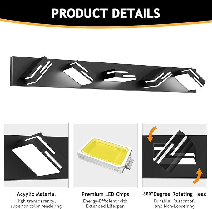 LED Modern Bathroom Vanity Light Fixtures 5-Light 34-inch 5CCT Dimmable Matte Black Vanity Lights for Bathroom Lighting Fixtures Over Mirror, with 360° Rotatable Acrylic Heads