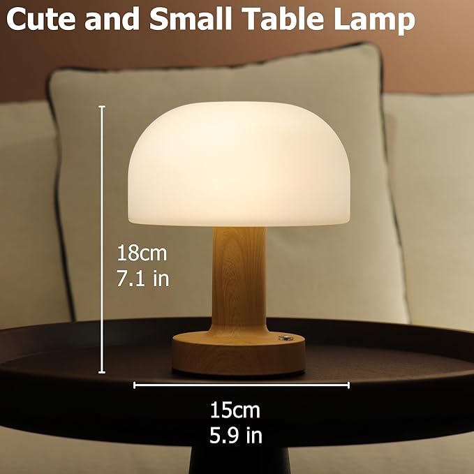 HAPYGI Small Mushroom Table Lamp, Cordless Night Light with 2600mAh Rechargeable Battery, Stepless Dimming Desk Lamp with 3 Colors for Bedroom/Patio/Living Room (White-1)
